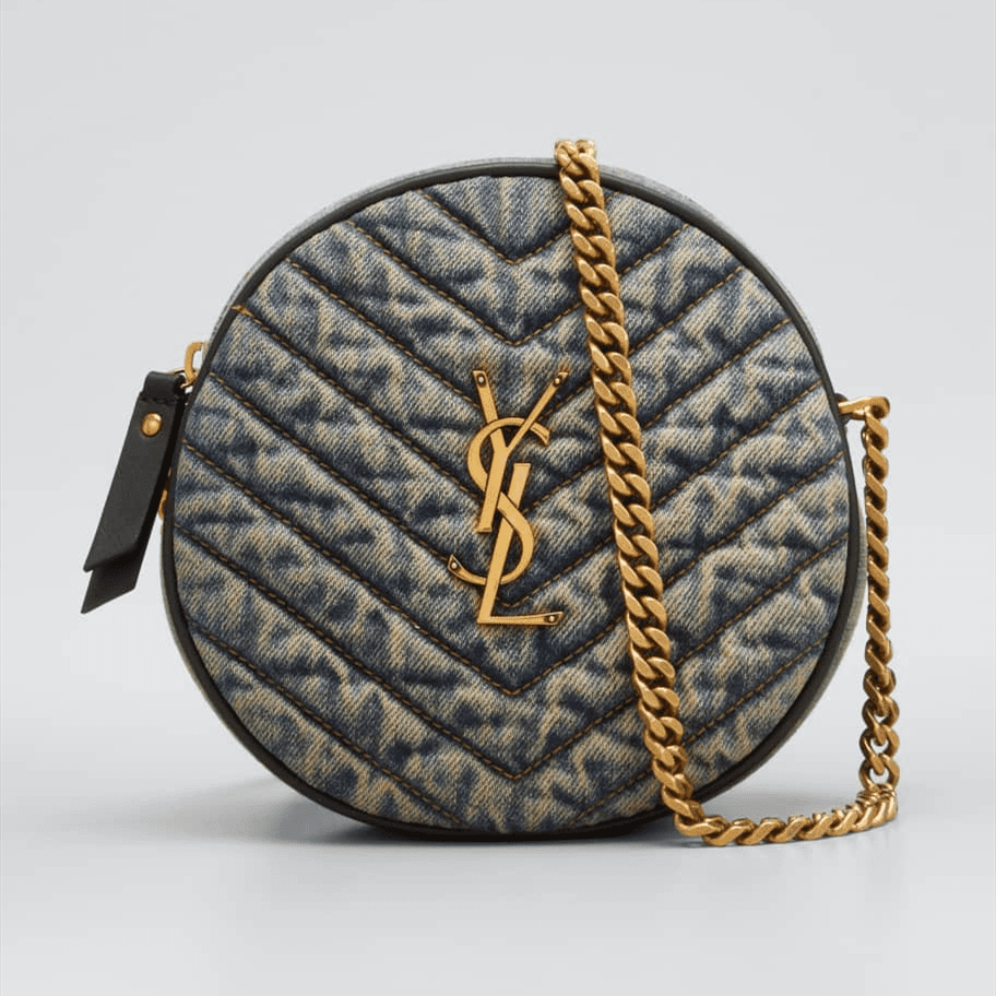3970071dca9c5f556330e7d22ef360ba.png Saint Laurent Round Quilted Denim Crossbody Bag - Image 1