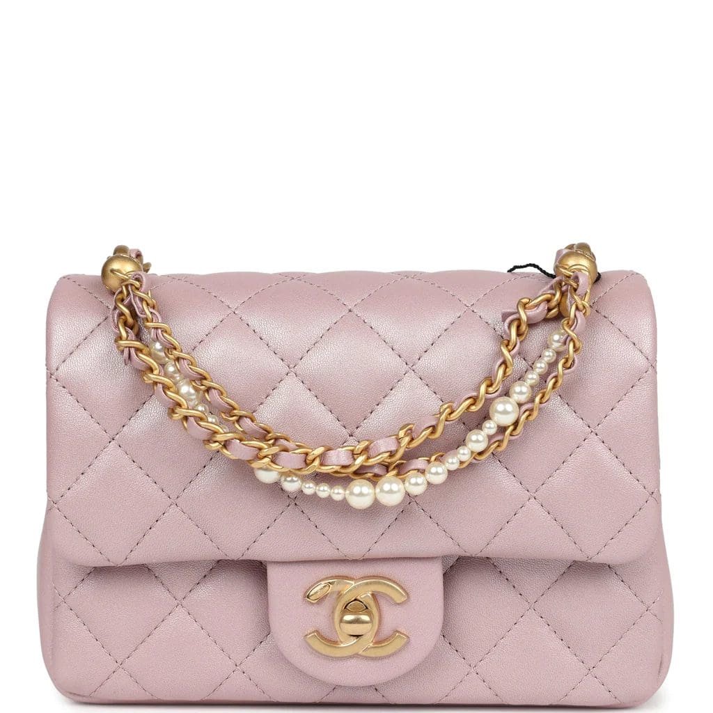 4umQHNCA-Chanel-Mini-Square-Pearl-Flap-Bag-Light-Pink-Iridescent-Lambskin-Brushed-Gold-Hardware.jpg Chanel Mini Square Pearl Flap Bag Light Pink Iridescent Lambskin Brushed Gold Hardware - Image 1