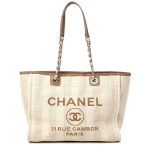 Chanel Mixed Fibers Calfskin Striped Deauville Tote Beige