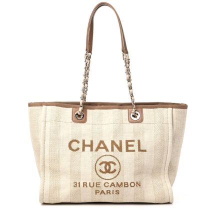 Chanel Mixed Fibers Calfskin Striped Deauville Tote Beige