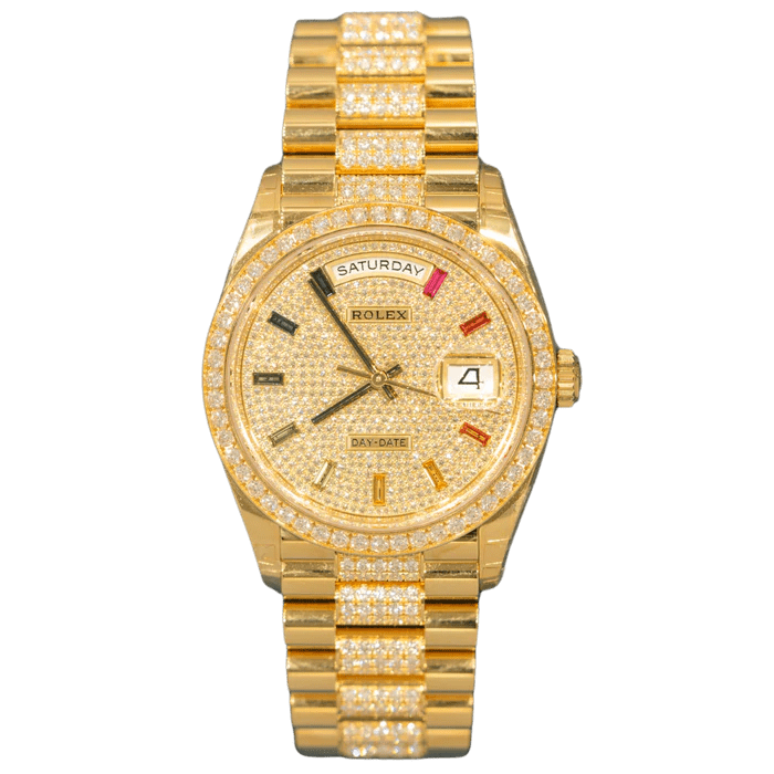c103ae09726f6ecc11468670f7b7ee2c.png Rolex Day Date Ref. 128348RBR-0043 36mm Yellow Gold Full Pave Rainbow - Image 1