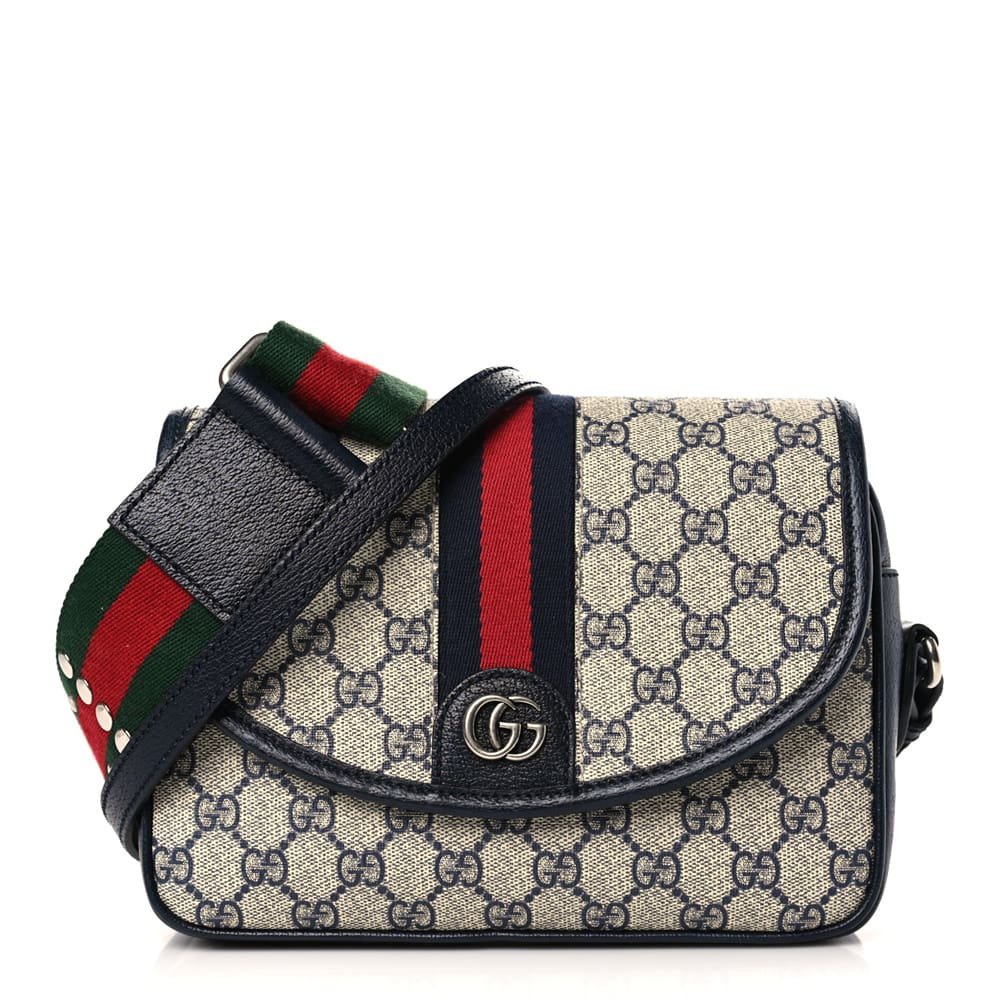 e803fc1f55937ab616748228ef4ef300.jpg Gucci Supreme Monogram Textured Dollar Calfskin Web Studded Mini Ophidia Flap Shoulder Bag Beige Blue - Image 1