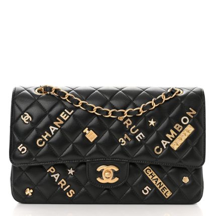 Chanel Lambskin Quilted Medium Rue Cambon Charms Double Flap Black