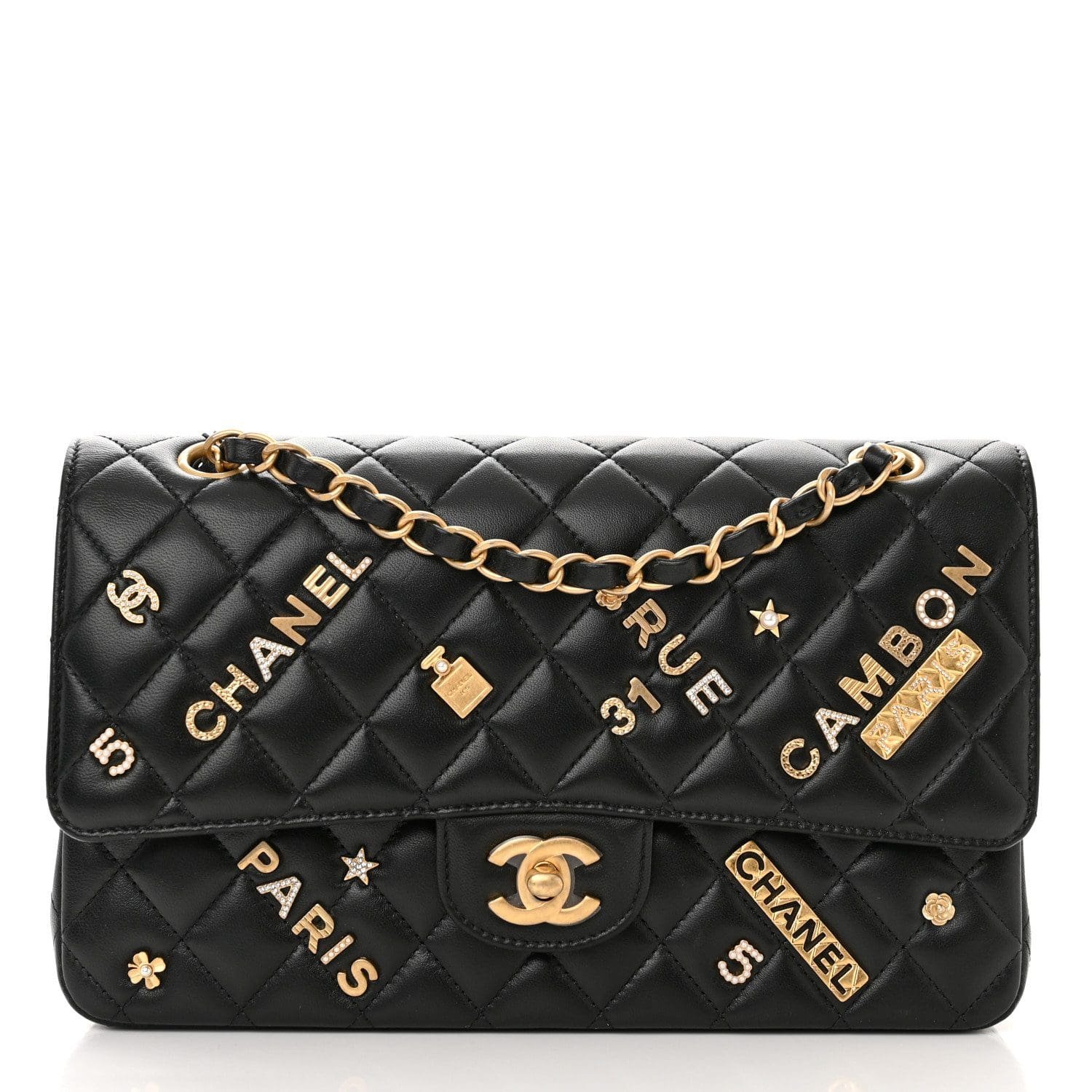 fqduXmSV-IAGI9F@P3CFLILXCLRP.jpg Chanel Lambskin Quilted Medium Rue Cambon Charms Double Flap Black - Image 1